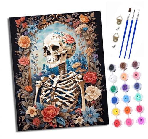 Malen Nach Zahlen Erwachsene - AnfäNger - Knitterfreie Leinwand Totenkopf und Blumen Pinsels Und Acrylfarbe - Diy Handgemalt öLgemäLde Kit Als Geschenk 40 X 50cm von XXHXIE