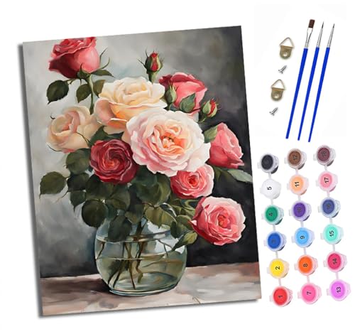 Malen Nach Zahlen Erwachsene - AnfäNger - Knitterfreie Leinwand Vase mit Rosenblumen Pinsels Und Acrylfarbe - Diy Handgemalt öLgemäLde Kit Als Geschenk 40 X 50cm von XXHXIE