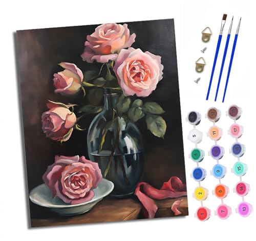 Malen Nach Zahlen Erwachsene - AnfäNger - Knitterfreie Leinwand Vase mit rosa Rosen Pinsels Und Acrylfarbe - Diy Handgemalt öLgemäLde Kit Als Geschenk 40 X 50cm von XXHXIE
