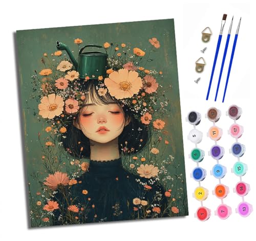 Malen Nach Zahlen Erwachsene-DIY Handgemalt Ölgemälde KitMädchen in Blumen schließt ihre Augen für Anfänger Mit 3-Pinseln und Acrylfarbe Handgemalt öLgemäLde Kit Als Geschenk 40x50cm (Mit Rahmen) von XXHXIE