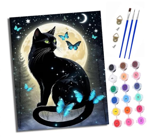 Malen Nach Zahlen Erwachsene-DIY Handgemalt Ölgemälde KitSchwarze Katze und Schmetterling unter dem Mond für Anfänger Mit 3-Pinseln und Acrylfarbe Handgemalt öLgemäLde Kit Als Geschenk(Rahmenlos) Malen Nach Zahlen Erwachsene-DIY Handgemalt Ölgemälde KitSchwarze Katze und Schmetterling unter dem Mond für Anfänger Mit 3-Pinseln und Acrylfarbe Handgemalt öLgemäLde Kit Als Geschenk(Rahmenlos) von XXHXIE