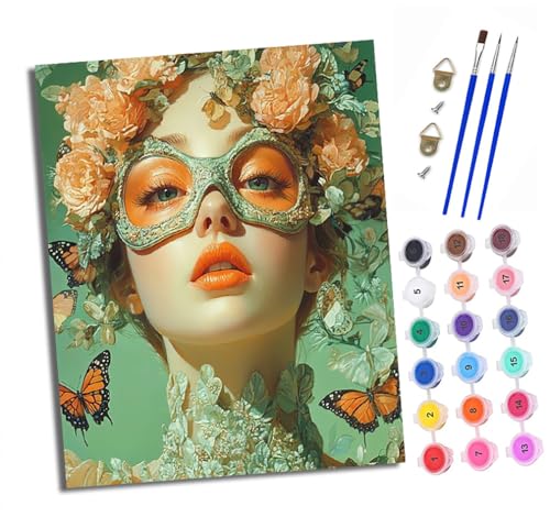 Malen nach Zahlen DIY Handgemalt Ölgemälde Set für Anfänger und Jugendliche Blumen und Schmetterlinge Maskierter Mann Pinsel und Acrylfarbe Mit Rahmen ideal als Geschenk oder zur Heimdekoration von XXHXIE