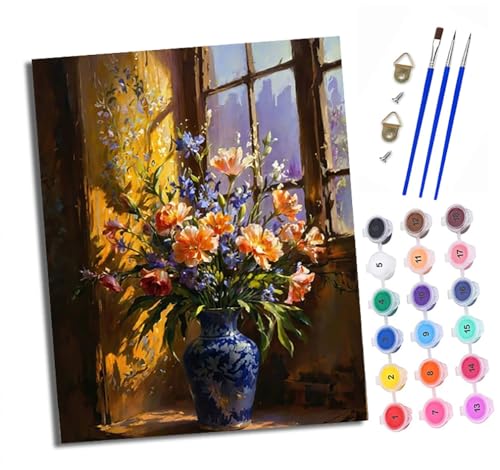 Malen nach Zahlen DIY Handgemalt Ölgemälde Set für Anfänger und Jugendliche Fensterbank Vase Blume Ölgemälde Pinsel und Acrylfarbe 40x50 cm Mit Rahmen ideal als Geschenk oder zur Heimdekoration von XXHXIE