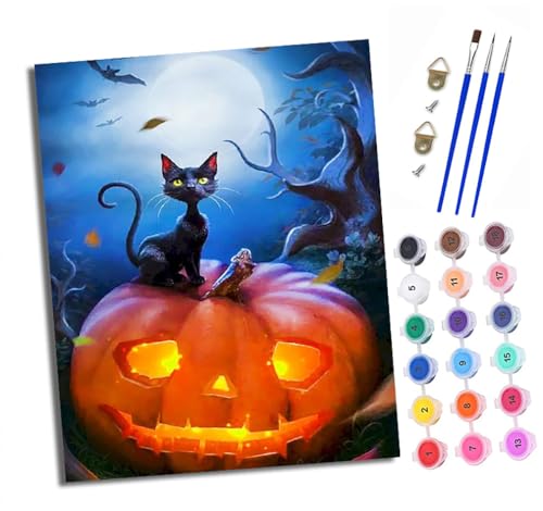Malen nach Zahlen DIY Handgemalt Ölgemälde Set für Anfänger und Jugendliche Schwarze Katze und Kürbislaterne Pinsel und Acrylfarbe 40x50 cm Mit Rahmen ideal als Geschenk oder zur Heimdekoration Malen nach Zahlen DIY Handgemalt Ölgemälde Set für Anfänger und Jugendliche Schwarze Katze und Kürbislaterne Pinsel und Acrylfarbe 40x50 cm Mit Rahmen ideal als Geschenk oder zur Heimdekoration von XXHXIE