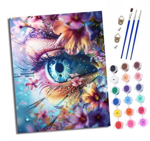 Malen nach Zahlen Erwachsene Augen umgeben von Blumen DIY Handgemalt Ölgemälde Kit Paint by Numbers Adult Mit 3 - Pinseln und Acrylfarbe knitterfreie leinwand Kit - 40 X 50 CM von XXHXIE