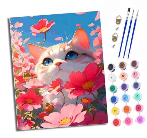 Malen nach Zahlen Erwachsene Blauäugige Katze zwischen Blumen DIY Handgemalt Ölgemälde Kit Paint by Numbers Adult Mit 3 - Pinseln und Acrylfarbe knitterfreie leinwand Kit - 40 X 50 CM von XXHXIE