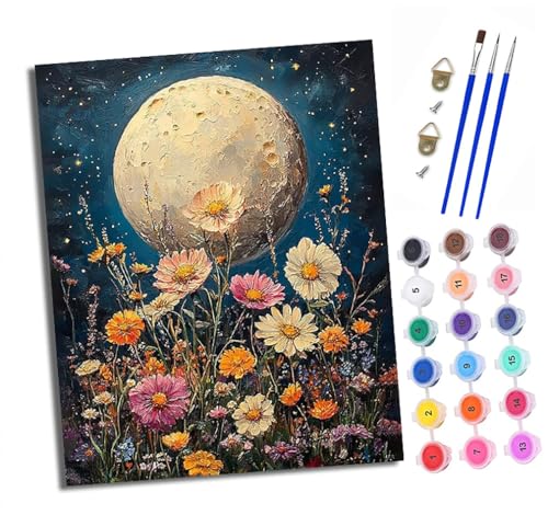 Malen nach Zahlen Erwachsene Blühende Blumen unter dem Mond DIY Handgemalt Ölgemälde Kit Paint by Numbers Adult Mit 3 - Pinseln und Acrylfarbe Knitterfreie Leinwand set - 40 X 50 CM von XXHXIE