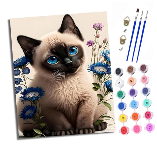 Malen nach Zahlen Erwachsene Blume Siamkatze DIY Handgemalt Ölgemälde Kit Paint by Numbers Adult Mit 3 - Pinseln und Acrylfarbe Knitterfreie Leinwand set - 40 X 50 CM von XXHXIE