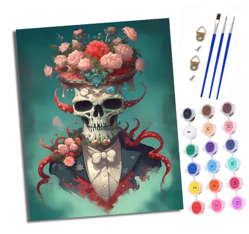 Malen nach Zahlen Erwachsene Blumen-Gentleman-Totenkopf DIY Handgemalt Ölgemälde Kit Paint by Numbers Adult Mit 3 - Pinseln und Acrylfarbe Knitterfreie Leinwand set - 40 X 50 CM von XXHXIE
