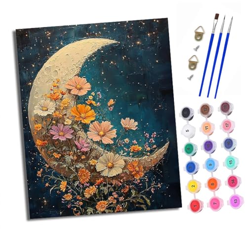 Malen nach Zahlen Erwachsene Blumen auf der Mondsichel DIY Handgemalt Ölgemälde Kit Paint by Numbers Adult Mit 3 - Pinseln und Acrylfarbe Knitterfreie Leinwand set - 40 X 50 CM von XXHXIE