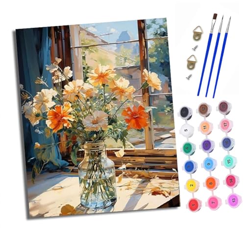 Malen nach Zahlen Erwachsene Blumen in einer Fensterbankvase DIY Handgemalt Ölgemälde Kit Mit 3 - Pinseln und Acrylfarbe Knitterfreie Leinwand set - 40 X 50 CM Mit Rahmen von XXHXIE