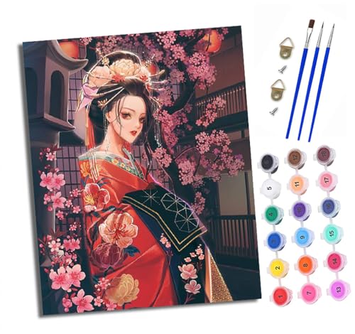 Malen nach Zahlen Erwachsene Blumen japanische Geisha DIY Handgemalt Ölgemälde Kit Paint by Numbers Adult Mit 3 - Pinseln und Acrylfarbe knitterfreie leinwand Kit - 40 X 50 CM von XXHXIE