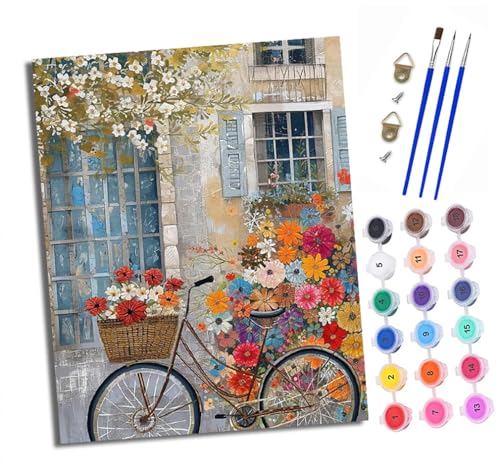 Malen nach Zahlen Erwachsene Blumen ums Fahrrad DIY Handgemalt Ölgemälde Kit Paint by Numbers Adult Mit 3 - Pinseln und Acrylfarbe Knitterfreie Leinwand set - 40 X 50 CM von XXHXIE