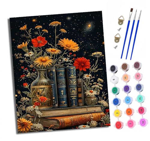 Malen nach Zahlen Erwachsene Bücher und Blumen DIY Handgemalt Ölgemälde Kit Paint by Numbers Adult Mit 3 - Pinseln und Acrylfarbe Knitterfreie Leinwand set - 40 X 50 CM von XXHXIE