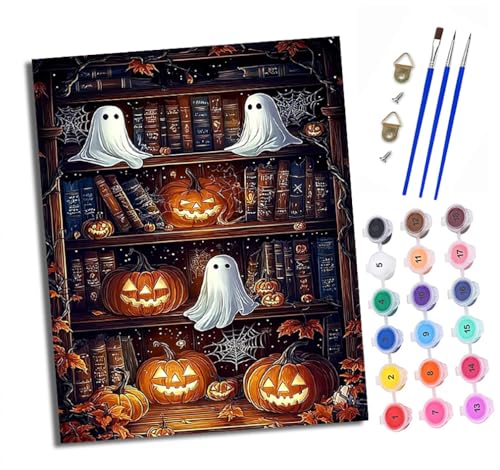 Malen nach Zahlen Erwachsene Bücherregal mit Halloween-Motiven DIY Handgemalt Ölgemälde Kit Paint by Numbers Adult Mit 3 - Pinseln und Acrylfarbe Knitterfreie Leinwand set - 40 X 50 CM von XXHXIE