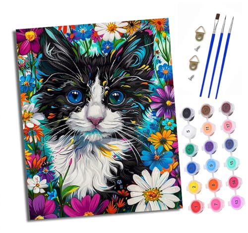 Malen nach Zahlen Erwachsene Bunte Katze in den Blumen DIY Handgemalt Ölgemälde Kit Mit 3 - Pinseln und Acrylfarbe Knitterfreie Leinwand set - 40 X 50 CM Mit Rahmen von XXHXIE