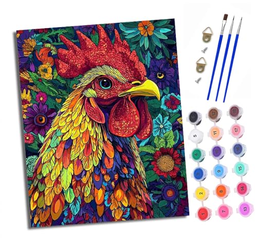 Malen nach Zahlen Erwachsene Bunter Hahn DIY Handgemalt Ölgemälde Kit Mit 3 - Pinseln und Acrylfarbe Knitterfreie Leinwand set - 40 X 50 CM Mit Rahmen von XXHXIE