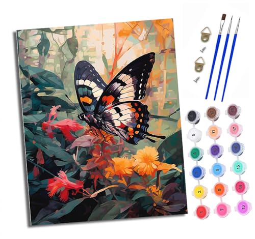 Malen nach Zahlen Erwachsene Bunter Schmetterling auf Blume DIY Handgemalt Ölgemälde Kit Paint by Numbers Adult Mit 3 - Pinseln und Acrylfarbe knitterfreie leinwand Kit - 40 X 50 CM von XXHXIE