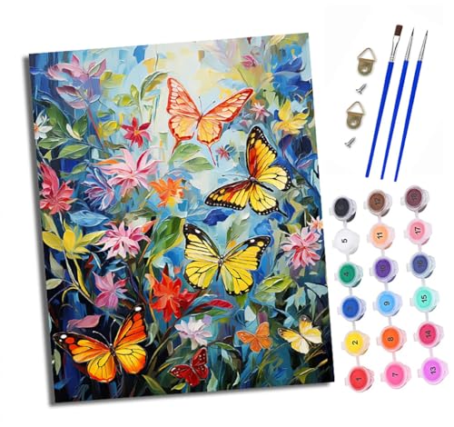 Malen nach Zahlen Erwachsene Bunter Schmetterling in den Blumen DIY Handgemalt Ölgemälde Kit Mit 3 - Pinseln und Acrylfarbe knitterfreie leinwand Kit - 40 X 50 CM Mit Rahmen von XXHXIE