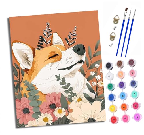 Malen nach Zahlen Erwachsene Corgi in den Blumen DIY Handgemalt Ölgemälde Kit Paint by Numbers Adult Mit 3 - Pinseln und Acrylfarbe knitterfreie leinwand Kit - 40 X 50 CM von XXHXIE