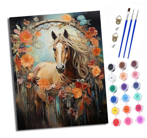 Malen nach Zahlen Erwachsene Ein Pferd umgeben von Blumen DIY Handgemalt Ölgemälde Kit Paint by Numbers Adult Mit 3 - Pinseln und Acrylfarbe knitterfreie leinwand Kit - 40 X 50 CM von XXHXIE