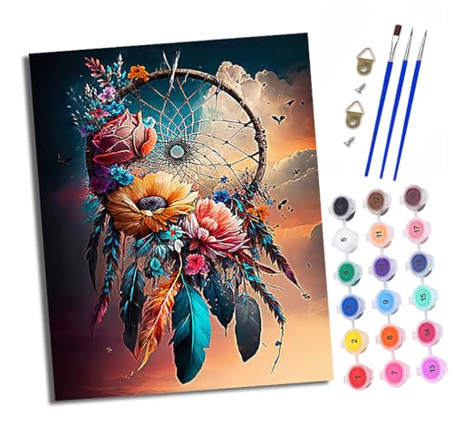 Malen nach Zahlen Erwachsene Fantasie Traumfänger bunte Blumen DIY Handgemalt Ölgemälde Kit Mit 3 - Pinseln und Acrylfarbe knitterfreie leinwand Kit - 40 X 50 CM Mit Rahmen von XXHXIE