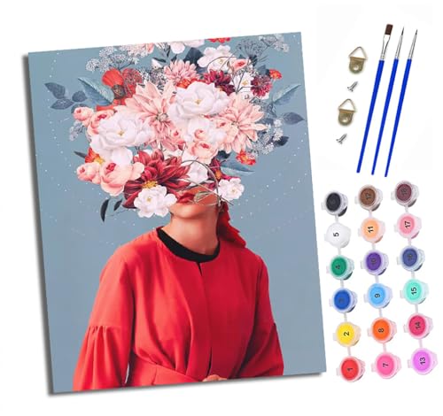 Malen nach Zahlen Erwachsene Frau mit Blumen vor dem Gesicht DIY Handgemalt Ölgemälde Kit Mit 3 - Pinseln und Acrylfarbe knitterfreie leinwand Kit - 40 X 50 CM Mit Rahmen von XXHXIE