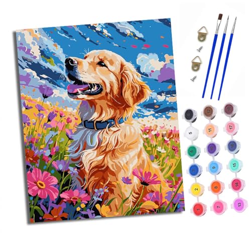 Malen nach Zahlen Erwachsene Golden Retriever in Blumen DIY Handgemalt Ölgemälde Kit Paint by Numbers Adult Mit 3 - Pinseln und Acrylfarbe knitterfreie leinwand Kit - 40 X 50 CM von XXHXIE