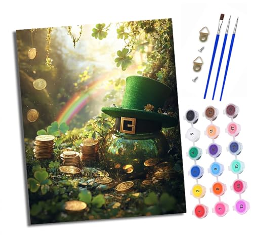 Malen nach Zahlen Erwachsene Grüner Hut, Goldmünzen und Regenbogen DIY Handgemalt Ölgemälde Kit Paint by Numbers Adult Mit 3 - Pinseln und Acrylfarbe Knitterfreie Leinwand set - 40 X 50 CM von XXHXIE