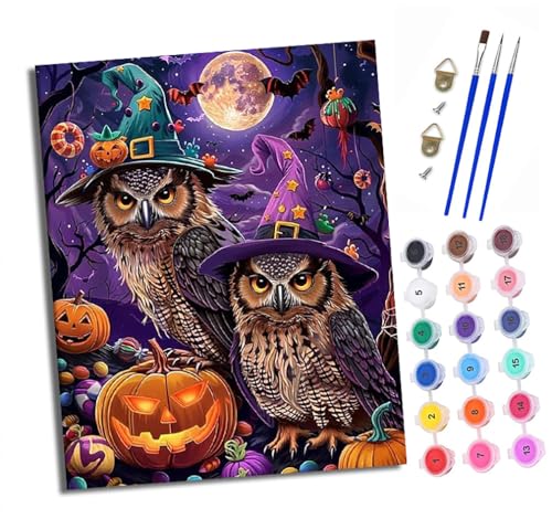 Malen nach Zahlen Erwachsene Halloween Doppeleule DIY Handgemalt Ölgemälde Kit Paint by Numbers Adult Mit 3 - Pinseln und Acrylfarbe knitterfreie leinwand Kit - 40 X 50 CM von XXHXIE