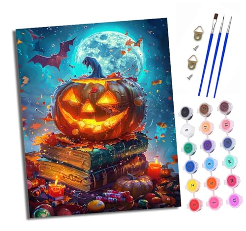 Malen nach Zahlen Erwachsene Halloween-Kürbis und Buch DIY Handgemalt Ölgemälde Kit Paint by Numbers Adult Mit 3 - Pinseln und Acrylfarbe Knitterfreie Leinwand set - 40 X 50 CM von XXHXIE