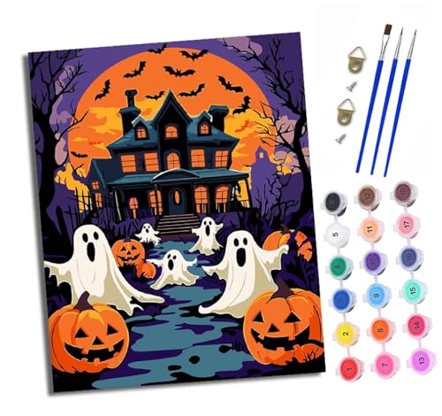 Malen nach Zahlen Erwachsene Halloween-Spukhaus DIY Handgemalt Ölgemälde Kit Paint by Numbers Adult Mit 3 - Pinseln und Acrylfarbe Knitterfreie Leinwand set - 40 X 50 CM von XXHXIE