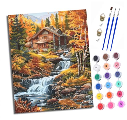Malen nach Zahlen Erwachsene Herbstwaldhütte DIY Handgemalt Ölgemälde Kit Paint by Numbers Adult Mit 3 - Pinseln und Acrylfarbe Knitterfreie Leinwand set - 40 X 50 CM von XXHXIE