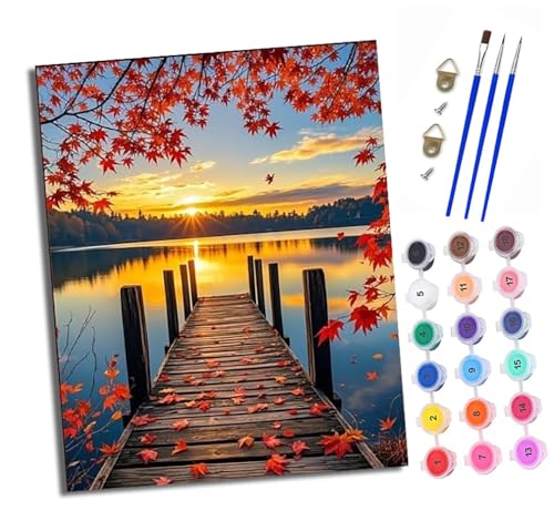 Malen nach Zahlen Erwachsene Holzbrücke am See im Herbst DIY Handgemalt Ölgemälde Kit Paint by Numbers Adult Mit 3 - Pinseln und Acrylfarbe Knitterfreie Leinwand set - 40 X 50 CM von XXHXIE
