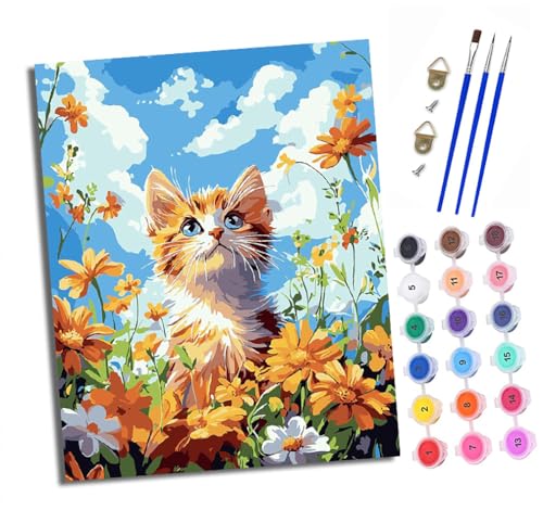Malen nach Zahlen Erwachsene Kätzchen in den Blumen DIY Handgemalt Ölgemälde Kit Paint by Numbers Adult Mit 3 - Pinseln und Acrylfarbe Knitterfreie Leinwand set - 40 X 50 CM von XXHXIE