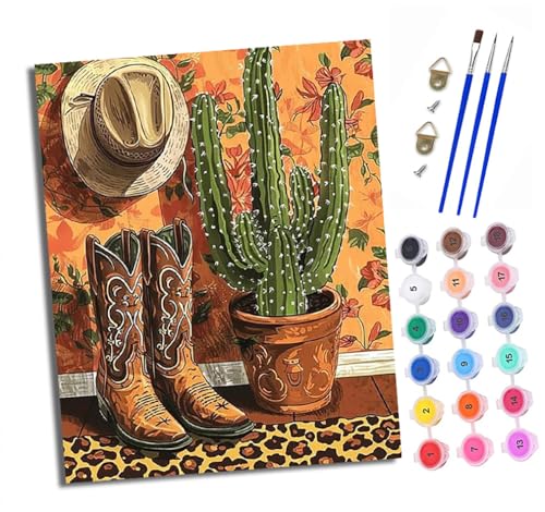 Malen nach Zahlen Erwachsene Kaktus und Stiefel DIY Handgemalt Ölgemälde Kit Paint by Numbers Adult Mit 3 - Pinseln und Acrylfarbe Knitterfreie Leinwand set - 40 X 50 CM von XXHXIE