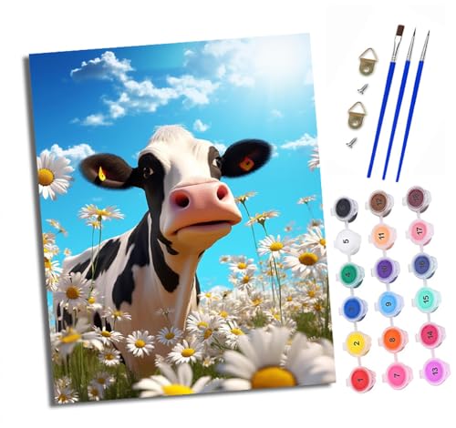 Malen nach Zahlen Erwachsene Kühe auf einer Blumenwiese DIY Handgemalt Ölgemälde Kit Paint by Numbers Adult Mit 3 - Pinseln und Acrylfarbe Knitterfreie Leinwand set - 40 X 50 CM von XXHXIE