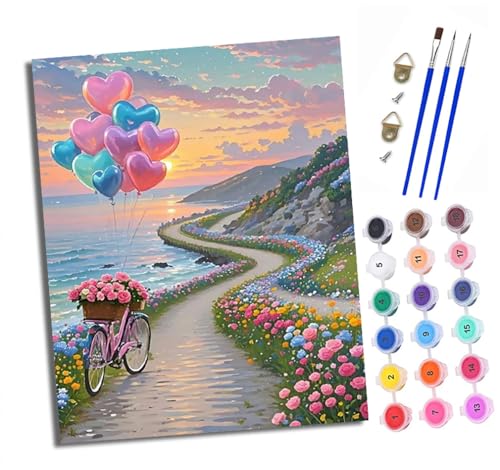 Malen nach Zahlen Erwachsene Küstenblumenstraße und Fahrräder DIY Handgemalt Ölgemälde Kit Mit 3 - Pinseln und Acrylfarbe Knitterfreie Leinwand set - 40 X 50 CM Mit Rahmen von XXHXIE