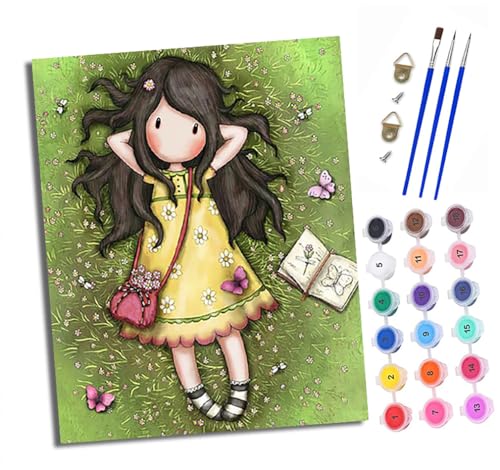 Malen nach Zahlen Erwachsene Mädchen im gelben Rock auf dem Gras DIY Handgemalt Ölgemälde Kit Mit 3 - Pinseln und Acrylfarbe knitterfreie leinwand Kit - 40 X 50 CM Mit Rahmen von XXHXIE