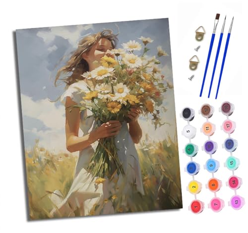 Malen nach Zahlen Erwachsene Mädchen mit Gänseblümchen in den Blumen DIY Handgemalt Ölgemälde Kit Mit 3 - Pinseln und Acrylfarbe Knitterfreie Leinwand set - 40 X 50 CM Mit Rahmen von XXHXIE