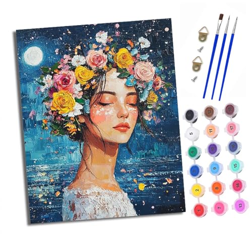 Malen nach Zahlen Erwachsene Mädchen mit Kranz und geschlossenen Augen DIY Handgemalt Ölgemälde Kit Paint by Numbers Adult Mit 3 - Pinseln und Acrylfarbe knitterfreie leinwand Kit - 40 X 50 CM von XXHXIE