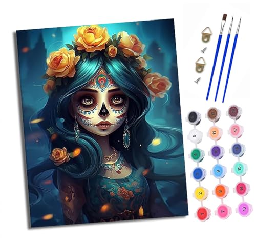 Malen nach Zahlen Erwachsene Mädchen mit blauen Haaren und Blumen DIY Handgemalt Ölgemälde Kit Paint by Numbers Adult Mit 3 - Pinseln und Acrylfarbe knitterfreie leinwand Kit - 40 X 50 CM von XXHXIE