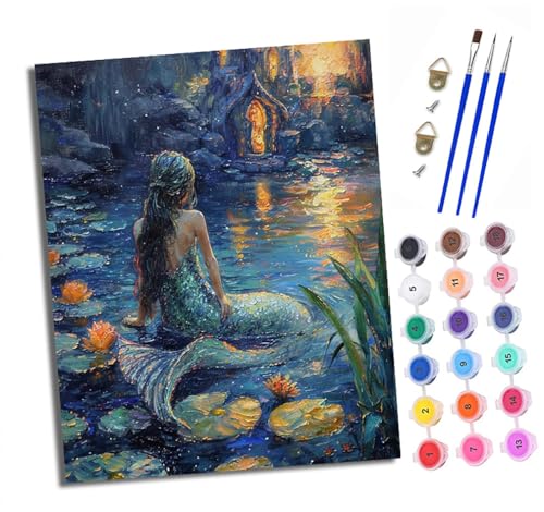 Malen nach Zahlen Erwachsene Meerjungfrau im Wasser DIY Handgemalt Ölgemälde Kit Paint by Numbers Adult Mit 3 - Pinseln und Acrylfarbe knitterfreie leinwand Kit - 40 X 50 CM von XXHXIE