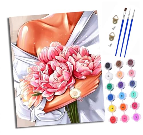 Malen nach Zahlen Erwachsene Menschen halten rosa Blumen DIY Handgemalt Ölgemälde Kit Paint by Numbers Adult Mit 3 - Pinseln und Acrylfarbe knitterfreie leinwand Kit - 40 X 50 CM von XXHXIE
