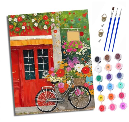 Malen nach Zahlen Erwachsene Red Gate Fahrrad DIY Handgemalt Ölgemälde Kit Paint by Numbers Adult Mit 3 - Pinseln und Acrylfarbe Knitterfreie Leinwand set - 40 X 50 CM von XXHXIE