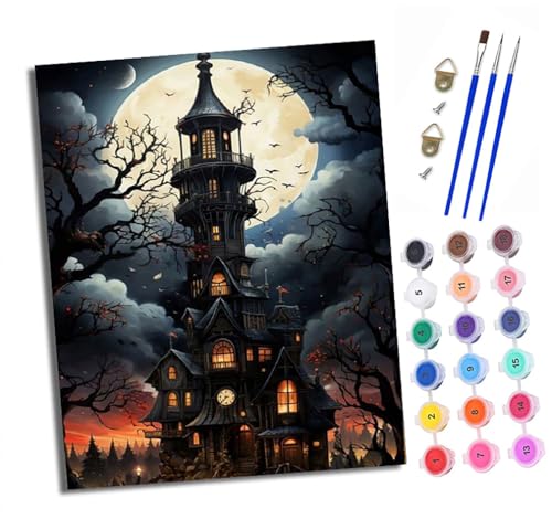 Malen nach Zahlen Erwachsene Schloss im Mondschein DIY Handgemalt Ölgemälde Kit Mit 3 - Pinseln und Acrylfarbe Knitterfreie Leinwand set - 40 X 50 CM Mit Rahmen von XXHXIE