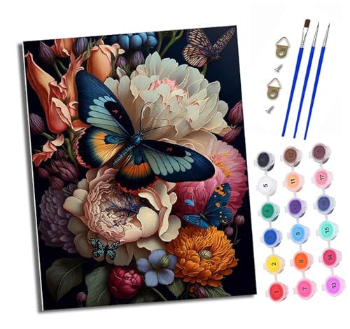 Malen nach Zahlen Erwachsene Schmetterlinge und bunte Blumen DIY Handgemalt Ölgemälde Kit Paint by Numbers Adult Mit 3 - Pinseln und Acrylfarbe Knitterfreie Leinwand set - 40 X 50 CM von XXHXIE