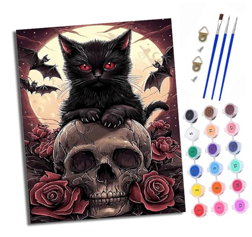 Malen nach Zahlen Erwachsene Schwarze Katze auf Totenkopf DIY Handgemalt Ölgemälde Kit Paint by Numbers Adult Mit 3 - Pinseln und Acrylfarbe knitterfreie leinwand Kit - 40 X 50 CM von XXHXIE