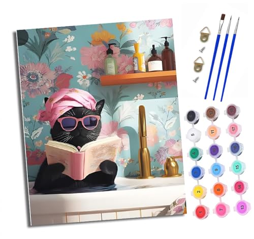 Malen nach Zahlen Erwachsene Schwarze Katze beim Baden und Lesen DIY Handgemalt Ölgemälde Kit Paint by Numbers Adult Mit 3 - Pinseln und Acrylfarbe Knitterfreie Leinwand set - 40 X 50 CM von XXHXIE