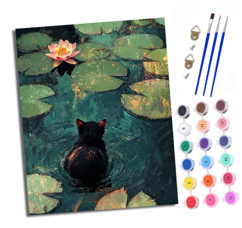 Malen nach Zahlen Erwachsene Schwarze Katze im Lotusteich DIY Handgemalt Ölgemälde Kit Mit 3 - Pinseln und Acrylfarbe Knitterfreie Leinwand set - 40 X 50 CM Mit Rahmen von XXHXIE